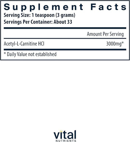 Vital Nutrients Acetyl L-Carnitine Powder | Brain, Memory, and Cognitive Support Supplement* | Vegan | Gluten, Dairy, Soy Free | Non-GMO | 100 Grams
