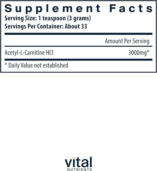 Vital Nutrients Acetyl L-Carnitine Powder | Brain, Memory, and Cognitive Support Supplement* | Vegan | Gluten, Dairy, Soy Free | Non-GMO | 100 Grams