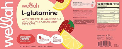 Wellah L-Glutamine Strawberry Lemonade Flavored (50 Servings) - 5g L-Glutamine Per Serving, Sweetened with Stevia