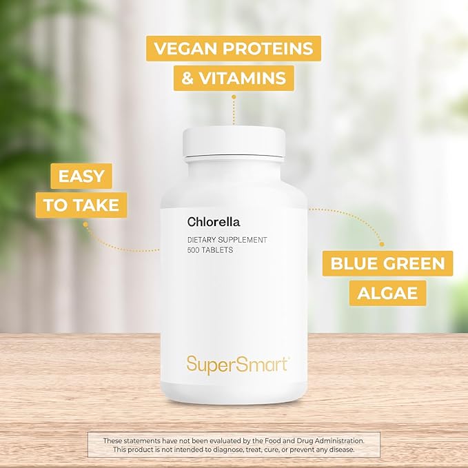 Supersmart - Chlorella Supplement 4 g per Day (Easy-to-Take) - Rich in Vitamin B2, B9, B12 & Iron - High Chlorophyll Concentration | Non-GMO & Gluten Free - 500 Tablets