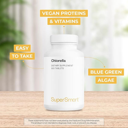 Supersmart - Chlorella Supplement 4 g per Day (Easy-to-Take) - Rich in Vitamin B2, B9, B12 & Iron - High Chlorophyll Concentration | Non-GMO & Gluten Free - 500 Tablets