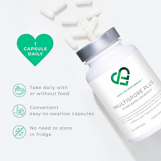 MultiSpore® Plus (Bacillus Coagulans & Bacillus Subtilis) Spore Based Probiotic | 120 Capsules - 4 Month Supply | Bloating Relief/Gut Health | Includes Digestive Enzymes & Prebiotic Inulin | UK Made