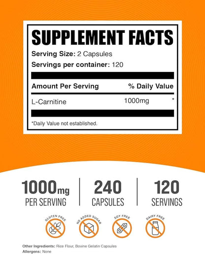 BulkSupplements.com L-Carnitine 1000mg Capsules - Carnitine Supplement, L Carnitine 1000mg, L-Carnitine Capsules - 2 Capsules per Serving (1000mg), 240 Capsules (Pack of 1)