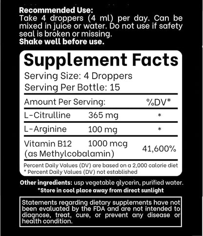 L-Arginine + L-Citrulline Liquid Drops with Vitamin B12 – Citrus Berry Flavor, 2 fl oz (60 ml) - Fast Absorption, Easy-to-Use