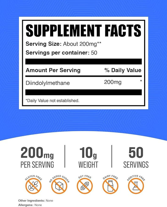 BulkSupplements.com DIM Powder - Diindolylmethane Powder, DIM Supplement for Men & Women - Unflavored & Gluten Free, 200mg per Serving, 10g (0.35 oz) (Pack of 1)