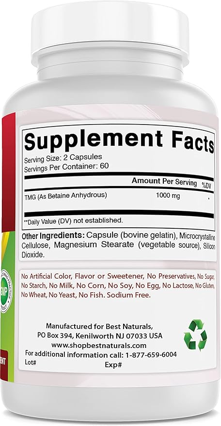 Best Naturals TMG Trimethylglycine (as Betaine Anhydrous) 1000 mg Serving - 120 Capsules - Healthy Homocysteine Levels & Methylation Support (120 Count (Pack of 1))