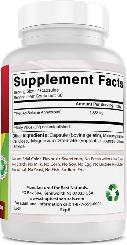 Best Naturals TMG Trimethylglycine (as Betaine Anhydrous) 1000 mg Serving - 120 Capsules - Healthy Homocysteine Levels & Methylation Support (120 Count (Pack of 1))