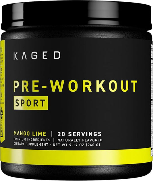 Kaged Sport Pre Workout Powder for Men & Women, Mango Lime, Sport Certified, 188mg Caffeine, Nitric Oxide Supplement, Beta Alanine for Energy, Weightlifting, Cardio Endurance & Strength, 20 Servings