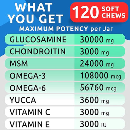 BARK&SPARK Glucosamine Chondroitin Dog Hip & Joint Supplement - Joint Pain Relief - Hip & Joint Chews - Joint Support Large & Small Breed - Senior Doggie Vitamin Pills Joint Health (120 Treats)