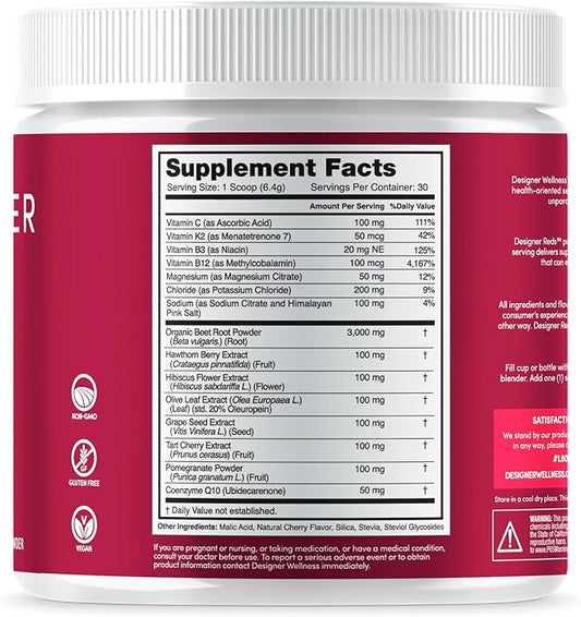 Designer Wellness, Designer Reds, Daily Superfood Powder with Beet Root, Support for Energy, Stress, Immune Health, Heart Health, and Digestive Health, Cherry Berry, 30 Servings