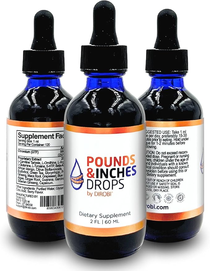 Dirobi Pounds and Inches Weight Management Drops, Liquid Supplement for Women and Men, Diet-Pill Alternative with Delicious Blueberry Flavor, 2 Oz. Bottle
