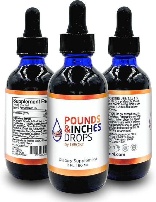 Dirobi Pounds and Inches Weight Management Drops, Liquid Supplement for Women and Men, Diet-Pill Alternative with Delicious Blueberry Flavor, 2 Oz. Bottle