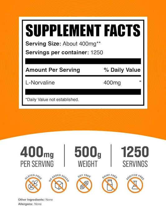 BulkSupplements.com L-Norvaline Powder - L-Norvaline Supplement, Nitric Oxide Supplement, Amino Acid - Gluten Free, 400mg per Serving, 500g (1.1 lbs) (Pack of 1)