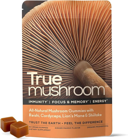 TrueMushroom - Immunity, Focus & Memory, Energy Mushroom Gummies with Lion’s Mane, Cordyceps, Reishi, Shiitake All-Natural Supplement with Ginger & Turmeric. Ginger Mango Flavor (60 Count)