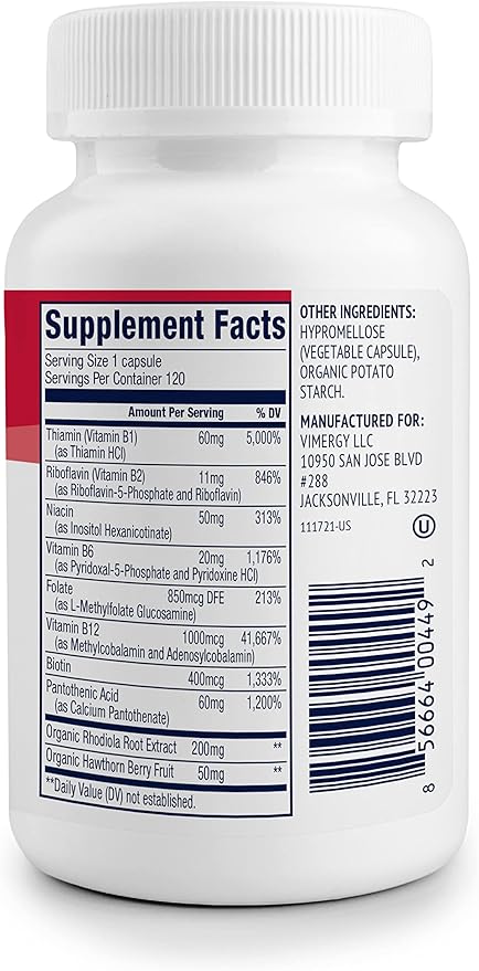 Vimergy Adapto B Complex, 120 Servings – High Potency with 8 B Vitamins, Rhodiola & Hawthorn Berry – Supports Mental Energy, Cognition, Mood - Non-GMO, Kosher, Vegan, Paleo, No Gluten, No Soy