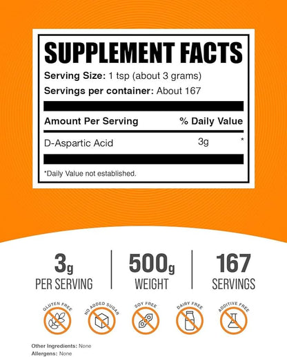 BulkSupplements.com D-Aspartic Acid Powder - D-Aspartic Acid Supplement for Men, Unflavored Amino Acid - Pure & Gluten Free, 3g per Serving, 500g (1.1 lbs) (Pack of 1)
