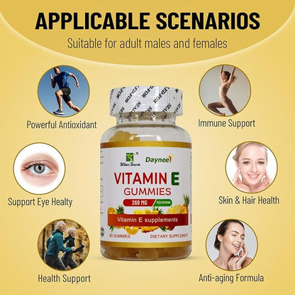 Vitamin E Gummies 268mg, Delicious, Vegan, Non-GMO, Adult Gummy Supplements, Immune, Skin & Eye Support, 60 Count