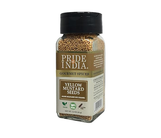 Pride of India – Yellow Mustard Seed Whole – Pungent & Aromatic – Gourmet Indian Spice – Add in Salads/Dressings/Chicken/Meat/Pickles – Easy to Use – 2.8 oz. Small Dual Sifter Bottle