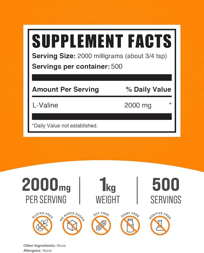 BulkSupplements.com L-Valine Powder - Valine Supplement, BCAA Supplement, Amino Acid Powder - Unflavored & Gluten Free, 2g per Serving, 1kg (2.2 lbs) (Pack of 1)