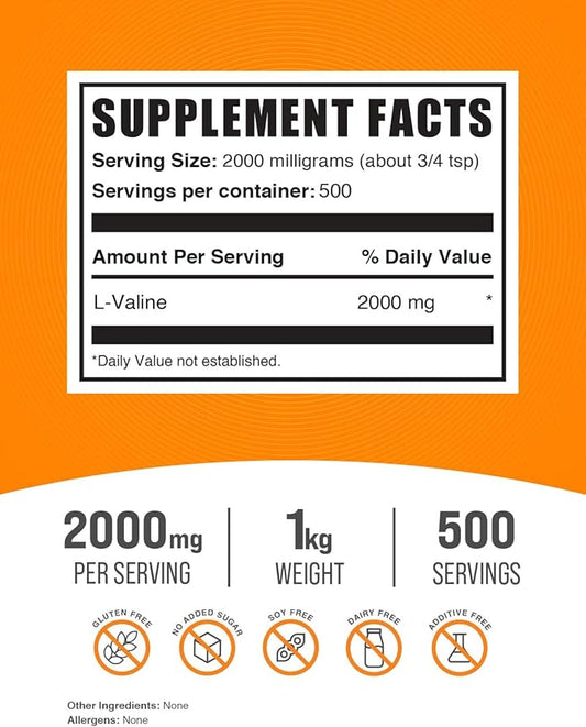 BulkSupplements.com L-Valine Powder - Valine Supplement, BCAA Supplement, Amino Acid Powder - Unflavored & Gluten Free, 2g per Serving, 1kg (2.2 lbs) (Pack of 1)