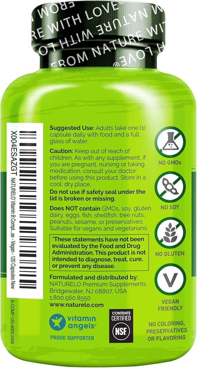 NATURELO Vitamin B Complex with Methyl B12, Methyl Folate, Vitamin B6, Biotin Plus Choline, CoQ10, and Fruit & Vegetable Blend - Supports Energy & Healthy Stress Response - Vegan - 120 Capsules
