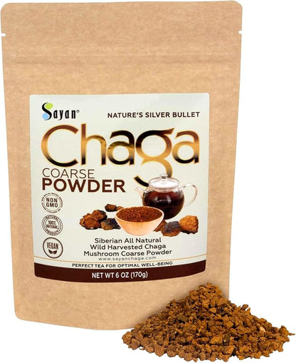 Sayan Siberian Pure Raw Coarse Chaga Powder 6 Oz / 170g – Premium Wild Forest Harvested Super Antioxidant Tea – Supports Immune System and Digestive Health – Focus, Energy, Clarity, Wellness - Non-GMO