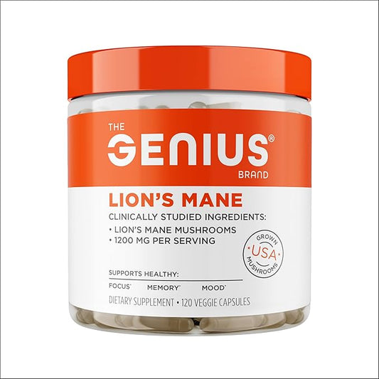 The Genius Brand Genius Lion's Mane - Plant-Based Supplement for Memory, Focus & Mood Support - Organic & Non-GMO - 120 Veggie Capsules