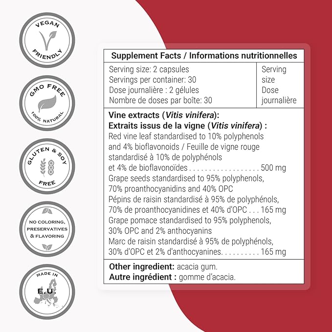 Supersmart - Triple Vino Circulation (High Potency) - 3-in-1 Formula - Red Vine Leaf Extract - with Grape Seed & Marc | Vegan & Gluten Free - 60 Veg Capsules