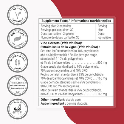 Supersmart - Triple Vino Circulation (High Potency) - 3-in-1 Formula - Red Vine Leaf Extract - with Grape Seed & Marc | Vegan & Gluten Free - 60 Veg Capsules