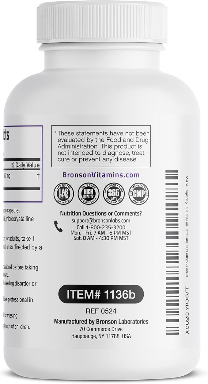 Bronson Grape Seed Extract 400 mg - Antioxidant & Immune Support - Standardized Extract with 95% Proanthocyanidins- Non GMO, 180 Vegetarian Capsules