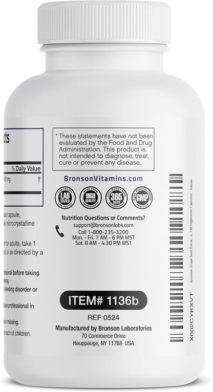 Bronson Grape Seed Extract 400 mg - Antioxidant & Immune Support - Standardized Extract with 95% Proanthocyanidins- Non GMO, 180 Vegetarian Capsules