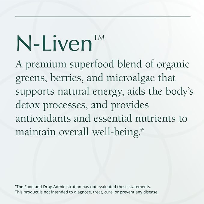 Natura Health Products N-liven Supplement - Organic Superfood Greens Powder Drink - Including Spirulina & Chlorophyll - Premier Blend of Barley Grass, Kale, Spinach, Goji Berry, Raspberry (180 Grams)
