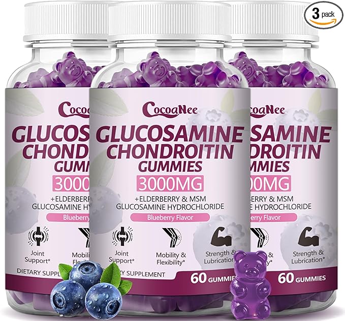 3 Packs 3000MG Glucosamine Chondroitin Gummies, Extra Strength Joint Support Supplement with MSM & Elderberry, Flexibility, Antioxidant Immune Support Gummy for Adults, Men & Women 180Cts