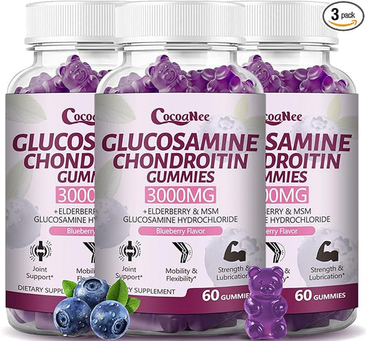 3 Packs 3000MG Glucosamine Chondroitin Gummies, Extra Strength Joint Support Supplement with MSM & Elderberry, Flexibility, Antioxidant Immune Support Gummy for Adults, Men & Women 180Cts