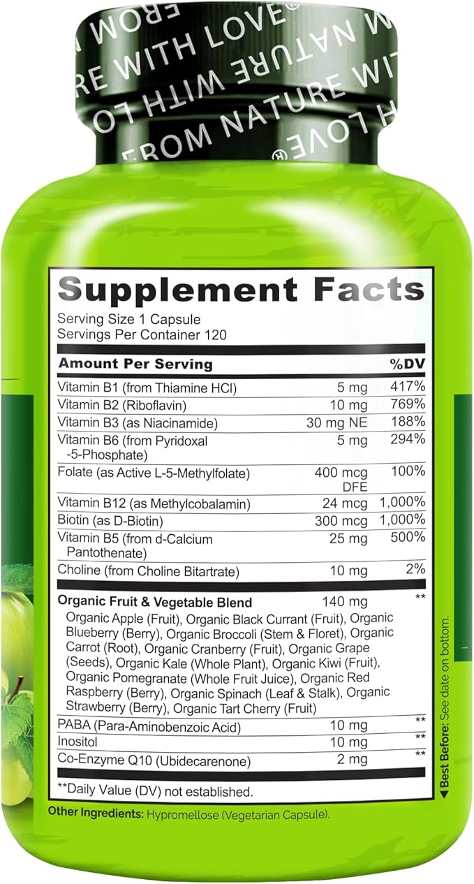 NATURELO Vitamin B Complex with Methyl B12, Methyl Folate, Vitamin B6, Biotin Plus Choline, CoQ10, and Fruit & Vegetable Blend - Supports Energy & Healthy Stress Response - Vegan - 120 Capsules