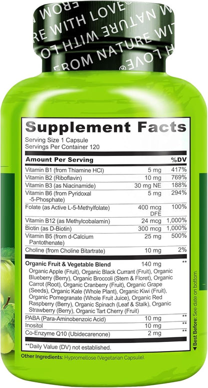 NATURELO Vitamin B Complex with Methyl B12, Methyl Folate, Vitamin B6, Biotin Plus Choline, CoQ10, and Fruit & Vegetable Blend - Supports Energy & Healthy Stress Response - Vegan - 120 Capsules