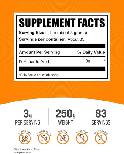 BulkSupplements.com D-Aspartic Acid Powder - D-Aspartic Acid Supplement for Men, Unflavored Amino Acid - Pure & Gluten Free, 3g per Serving, 250g (8.8 oz) (Pack of 1)