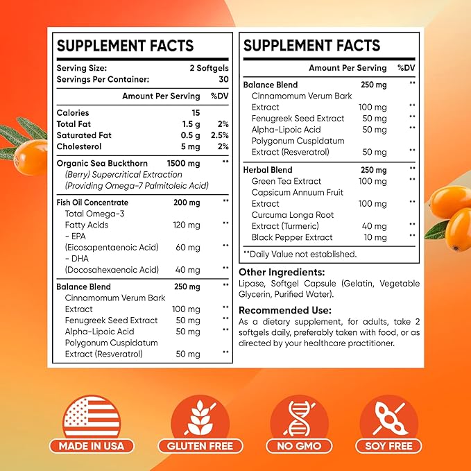 Omega-7 Sea Buckthorn Oil - with Omega-3 EPA/DHA Fish Oil, Cinnamomum, Fenugreek, ALA, Green Tea, Cayenne Pepper, Turmeric, Resveratrol, Black Pepper - Gluten-Free, 60 Softgels