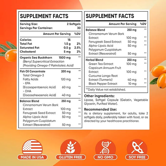 Omega-7 Sea Buckthorn Oil - with Omega-3 EPA/DHA Fish Oil, Cinnamomum, Fenugreek, ALA, Green Tea, Cayenne Pepper, Turmeric, Resveratrol, Black Pepper - Gluten-Free, 60 Softgels