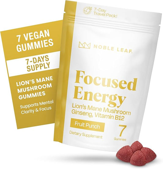 Lion's Mane Mushroom Gummies for Focus and Energy - Focus Gummies for Adults with American Ginseng & B12 for Clarity & Natural Energy, Gluten Free, Fruit Punch Flavor, 7 Count