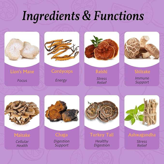 Ashwagandha Mushroom Gummies, Adaptogenic 7 Mushrooms Mix w/ashwagandha - Lion's Mane, Reishi, Chaga & Maitake - Ashwagandha Gummies for Energy, Cognitive & Immune Support, 90 Count