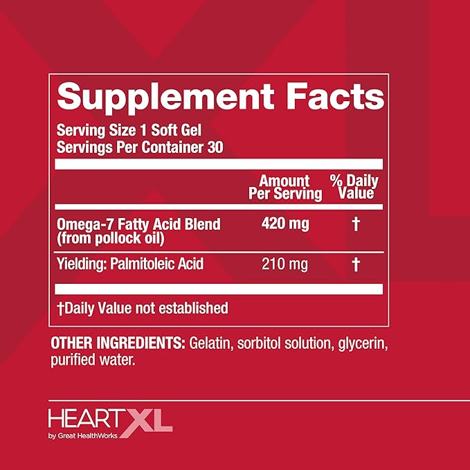 HeartXL High Potency Omega-7 Blend Cardiovascular Health Support - Promotes Healthy Metabolism - Gluten-Free Heart Health Supplement - 30 Soft Gels