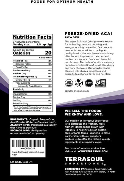 Terrasoul Superfoods Organic Acai Berry Powder, 4 Oz, Freeze-Dried for Freshness, Omega Fats Boost for Smoothie Bowls, and Antioxidant-Packed Superfoods Recipes