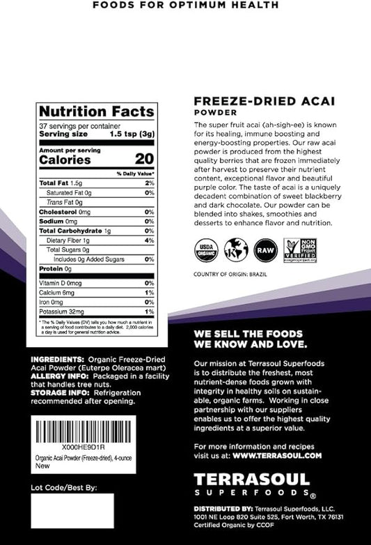 Terrasoul Superfoods Organic Acai Berry Powder, 4 Oz, Freeze-Dried for Freshness, Omega Fats Boost for Smoothie Bowls, and Antioxidant-Packed Superfoods Recipes