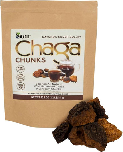 Sayan Siberian Pure Raw Chaga Mushroom Chunks with Black Top Crust 35.2 Oz/ 2.2 lb – Premium Wild-Harvested Antioxidant Tea for Immune Support, Focus and Digestive Health - Non-GMO