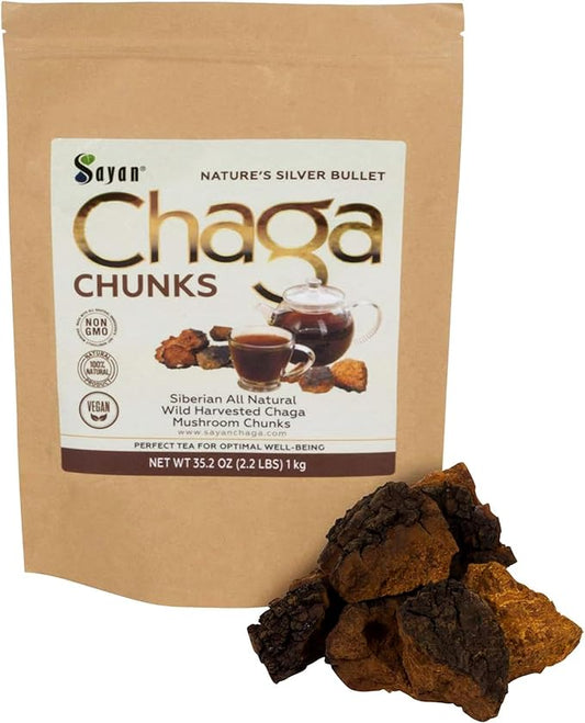 Sayan Siberian Pure Raw Chaga Mushroom Chunks with Black Top Crust 35.2 Oz/ 2.2 lb – Premium Wild-Harvested Antioxidant Tea for Immune Support, Focus and Digestive Health - Non-GMO