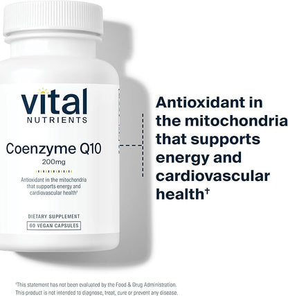 Vital Nutrients CoQ10 200mg | Vegan Supplement | Potent Antioxidant of CoEnzyme Q10 to Support Heart Health and Energy Levels* | Gluten, Dairy and Soy Free | Non-GMO | 60 Capsules