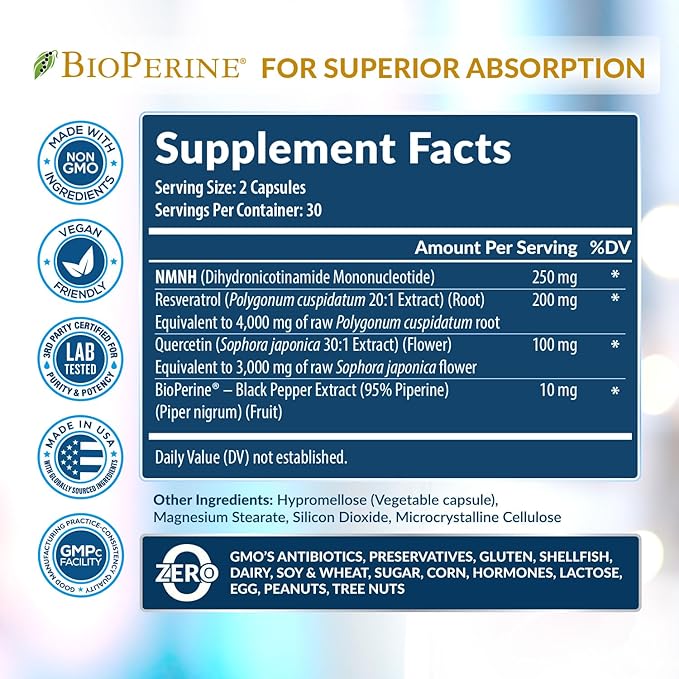 7,260mg NMNH Supplement (NMN Alternative) NAD Booster for Anti-Aging, Cellular Energy & Nice Skin- Dihydronicotinamide mononucleotide, Resveratrol, Quercetin & BioPerine® for Max Absorption- 60 caps