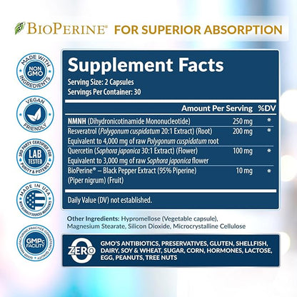 7,260mg NMNH Supplement (NMN Alternative) NAD Booster for Anti-Aging, Cellular Energy & Nice Skin- Dihydronicotinamide mononucleotide, Resveratrol, Quercetin & BioPerine® for Max Absorption- 60 caps