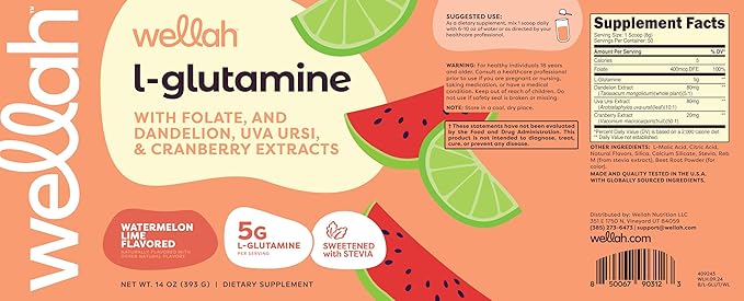 Wellah L-Glutamine Powder Watermelon Lime (50 Servings) - 5g L-Glutamine Per Serving, Sweetened with Stevia